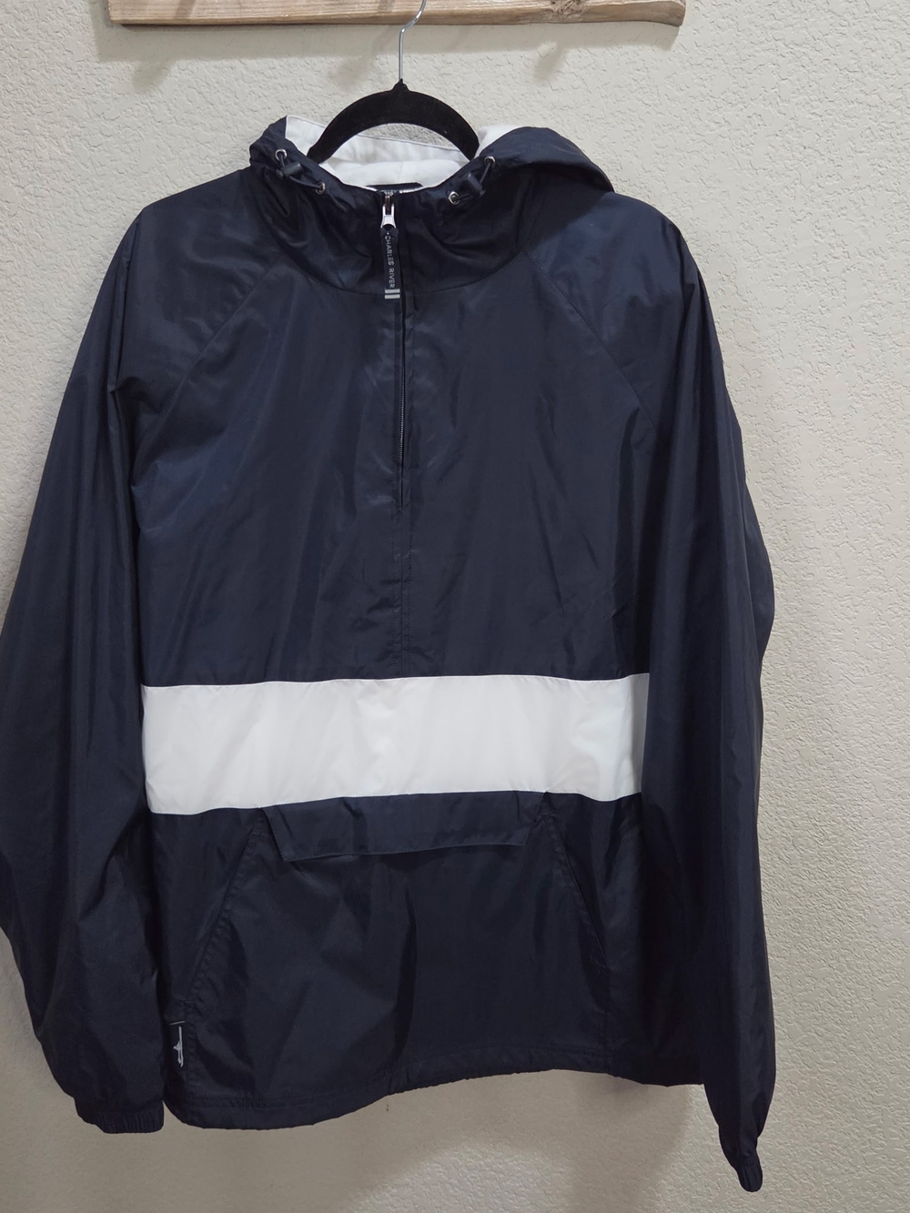 Charles River Apparel Navy and White Hooded Windbreaker Size Lg